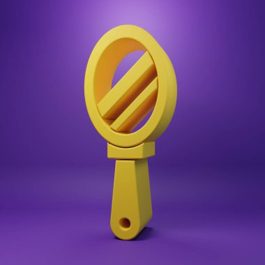 Sarı El ayna simgesi mor arkaplanda izole edildi. Minimalizm kavramı. 3 Boyutlu resimleme.