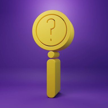 Yellow Magnifying glass with search icon isolated on purple background. Detective is investigating. Minimalism concept. 3D render illustration.