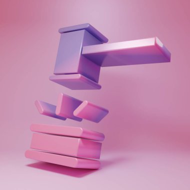 Purple-pink Judge gavel icon isolated on pink background. Gavel for adjudication of sentences and bills, court, justice. Auction hammer. Minimalism concept. 3D render illustration.