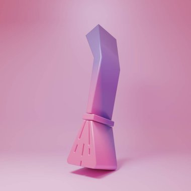 Purple-pink Witches broom icon isolated on pink background. Happy Halloween party. Minimalism concept. 3D render illustration.