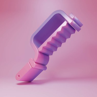 Purple-pink Hacksaw icon isolated on pink background. Metal saw for wood and metal. Minimalism concept. 3D render illustration.
