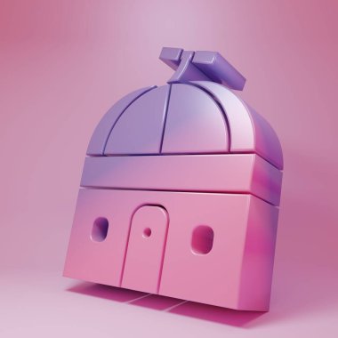 Pembe arka planda izole edilmiş mor-pembe astronomik gözlemevi ikonu. Teleskoplu bir gözlemevi. Bilimsel kurum. Minimalizm kavramı. 3 Boyutlu resimleme.