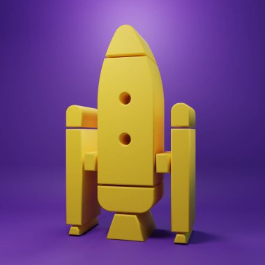 Sarı uzay mekiği ve roket ikonu mor arka planda izole edildi. Minimalizm kavramı. 3 Boyutlu resimleme.