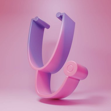 Pembe arka planda izole edilmiş mor-pembe steteskop tıbbi araç ikonu. Minimalizm kavramı. 3 Boyutlu resimleme.