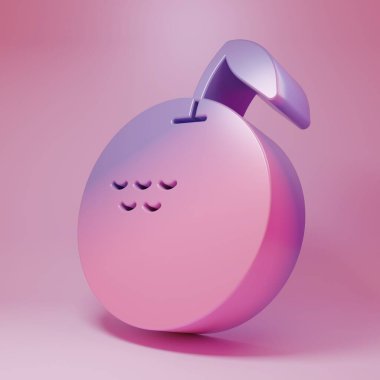 Purple-pink Apple icon isolated on pink background. Fruit with leaf symbol. Minimalism concept. 3D render illustration.