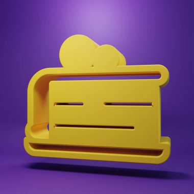 Yellow Piece of cake icon isolated on purple background. Happy Birthday. Minimalism concept. 3D render illustration.