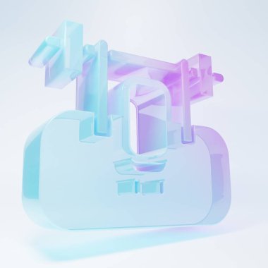 Frosted glass Bench with barbel icon isolated on white background. Gym equipment. Bodybuilding, powerlifting, fitness concept. Minimalism concept. 3D render illustration .