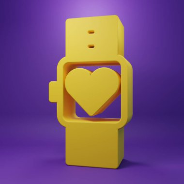 Yellow Smart watch showing heart beat rate icon isolated on purple background. Fitness App concept. Minimalism concept. 3D render illustration .