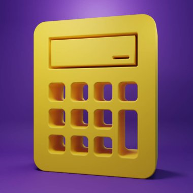 Sarı Hesap Makinesi simgesi mor arkaplanda izole edildi. Muhasebe sembolü. İş hesaplamaları matematik eğitimi ve finans. Minimalizm kavramı. 3 Boyutlu resimleme .