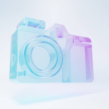 Frosted glass Photo camera icon isolated on white background. Foto camera icon. Minimalism concept. 3D render illustration .
