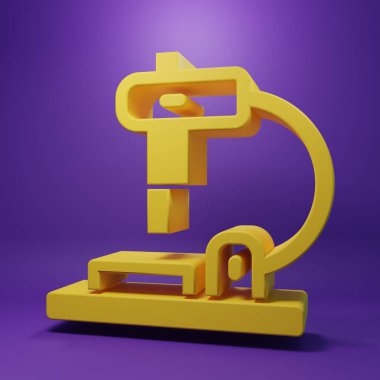 Sarı mikroskop simgesi mor arkaplanda izole edildi. Kimya, ilaç aleti, mikrobiyoloji büyütme aracı. Minimalizm kavramı. 3 Boyutlu resimleme .