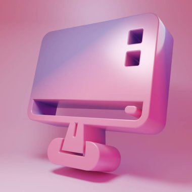 Purple-pink Computer monitor screen icon isolated on pink background. Electronic device. Front view. Minimalism concept. 3D render illustration .