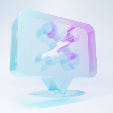 Frosted glass Location with wrench spanner icon isolated on white background. Adjusting, service, setting, maintenance, repair, fixing. Minimalism concept. 3D render illustration .