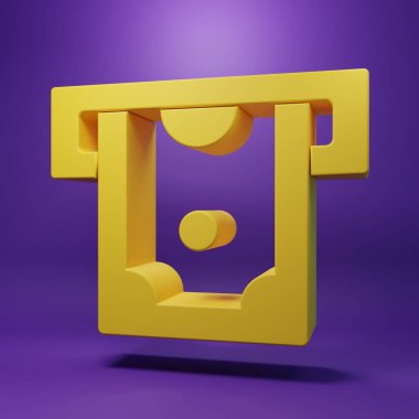 Yellow ATM - Automated teller machine and money icon isolated on purple background. Minimalism concept. 3D render illustration .