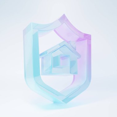 Frosted glass House with shield icon isolated on white background. Insurance concept. Security, safety, protection, protect concept. Minimalism concept. 3D render illustration .
