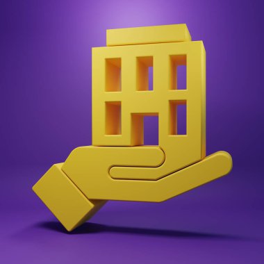 Yellow House in hand icon isolated on purple background. Insurance concept. Security, safety, protection, protect concept. Minimalism concept. 3D render illustration .