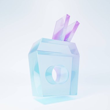 Karton kutuda buzlu Asya eriştesi ve beyaz arka planda izole edilmiş yemek çubukları ikonu. Sokak yemeği. Kore, Japon, Çin yemekleri. Minimalizm kavramı. 3 Boyutlu resimleme .