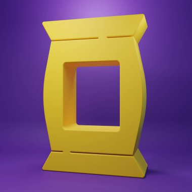 Sarı Torba ya da mor arka planda izole edilmiş patates cipsi ikonu. Minimalizm kavramı. 3 Boyutlu resimleme .