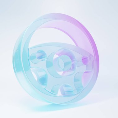 Frosted glass Steering wheel icon isolated on white background. Car wheel icon. Minimalism concept. 3D render illustration .