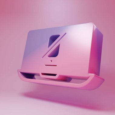 Purple-pink Mute microphone on laptop icon isolated on pink background. Microphone audio muted. Minimalism concept. 3D render illustration .