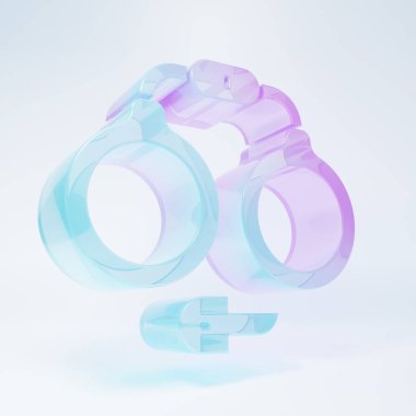 Frosted glass Handcuffs icon isolated on white background. Minimalism concept. 3D render illustration .