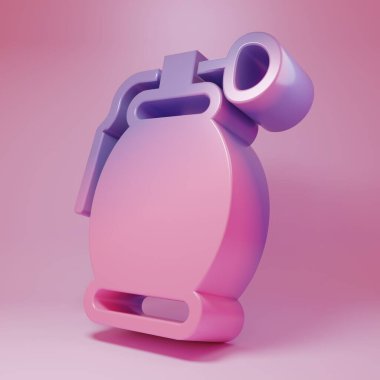 Purple-pink Hand grenade icon isolated on pink background. Bomb explosion. Minimalism concept. 3D render illustration .