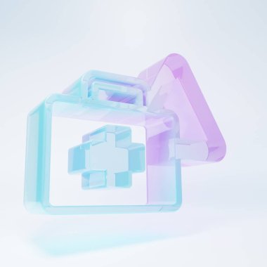 Frosted glass First aid kit and warning triangle icon isolated on white background. Must be in the car. Minimalism concept. 3D render illustration .