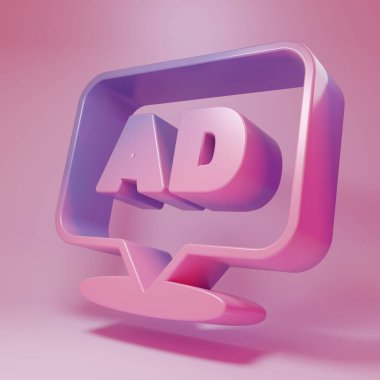 Purple-pink Advertising icon isolated on pink background. Concept of marketing and promotion process. Responsive ads. Social media advertising. Minimalism concept. 3D render illustration .
