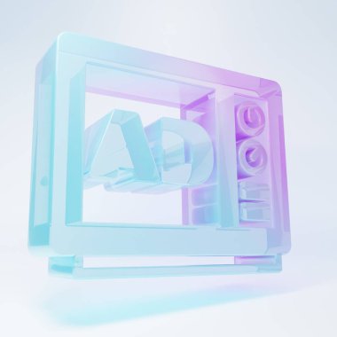Frosted glass Advertising icon isolated on white background. Concept of marketing and promotion process. Responsive ads. Social media advertising. Minimalism concept. 3D render illustration .