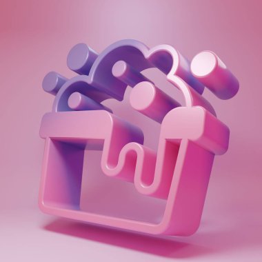 Purple-pink Plastic basin with soap suds icon isolated on pink background. Bowl with water. Washing clothes, cleaning equipment. Minimalism concept. 3D render illustration.