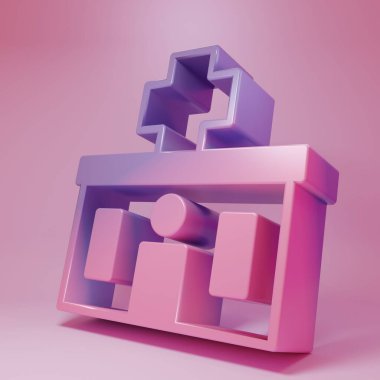 Pembe arka planda çapraz ikonu olan mor-pembe hastane binası. Tıp merkezi. Sağlık hizmetleri. Minimalizm kavramı. 3 Boyutlu resimleme.