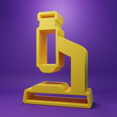 Sarı mikroskop simgesi mor arkaplanda izole edildi. Kimya, ilaç aleti, mikrobiyoloji büyütme aracı. Minimalizm kavramı. 3 Boyutlu resimleme.