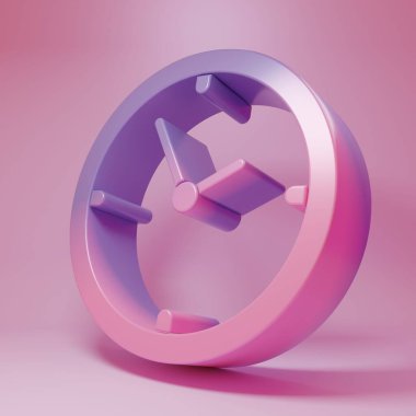 Purple-pink Clock icon isolated on pink background. Time symbol. Minimalism concept. 3D render illustration.