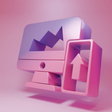 Purple-pink Financial chart or graph on the computer monitor and mobile phone icon isolated on pink background. Strategy, planning, data, investment. Minimalism concept. 3D render illustration.