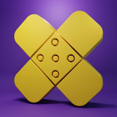Yellow Crossed bandage plaster icon isolated on purple background. Medical plaster, adhesive bandage, flexible fabric bandage. Minimalism concept. 3D render illustration.