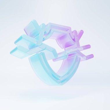 Beyaz arka planda izole edilmiş kalkan ikonunda buzlu cam geyik boynuzları. Duvarda av kupası. Minimalizm kavramı. 3 Boyutlu resimleme.