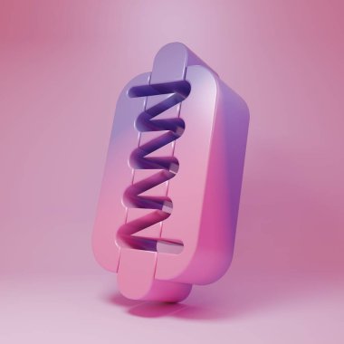 Pembe arka planda hardal ikonlu mor sosisli sandviç. Sosis ikonu. Fast food burcu. Minimalizm kavramı. 3 Boyutlu resimleme.