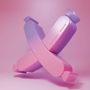 Purple-pink Crossed sausage icon isolated on pink background. Grilled sausage and aroma sign. Minimalism concept. 3D render illustration.