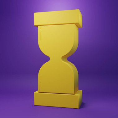 Mor arka planda izole edilmiş kum ikonu akan sarı kum saati. Kum saati işareti. İş ve zaman yönetimi kavramı. Minimalizm kavramı. 3 Boyutlu resimleme.