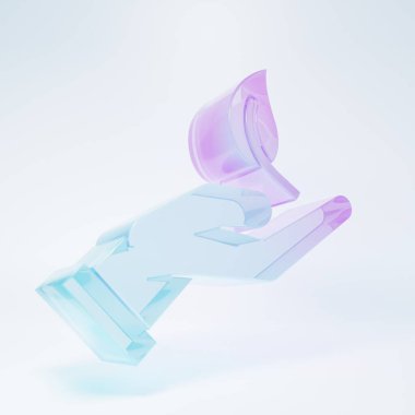 Frosted glass Sprout in hand of environmental protection icon isolated on white background. Seed and seedling. Planting sapling. Ecology concept. Minimalism concept. 3D render illustration.