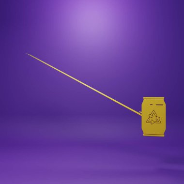 Yellow Can with recycle symbol and can icon isolated on purple background. Trash can icon. Garbage bin sign. Recycle basket sign. Minimalism concept. 3D render illustration.