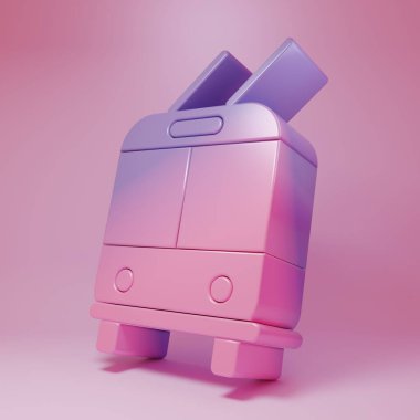 Pembe arka planda izole edilmiş mor renkli Trolleybus simgesi. Toplu taşıma sembolü. Minimalizm kavramı. 3 Boyutlu resimleme.