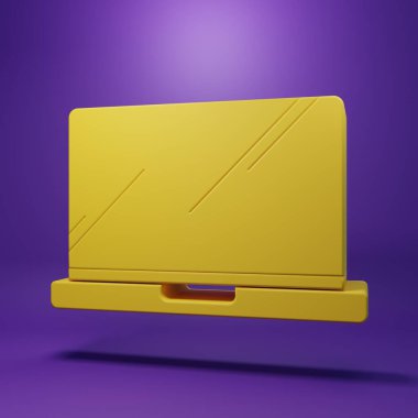 Sarı dizüstü bilgisayar simgesi mor arkaplanda izole edildi. Boş ekran işaretli bilgisayar defteri. Minimalizm kavramı. 3 Boyutlu resimleme.