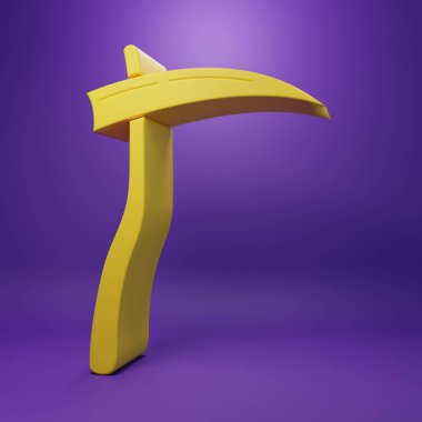 Yellow Scythe icon isolated on purple background. Happy Halloween party. Minimalism concept. 3D render illustration.
