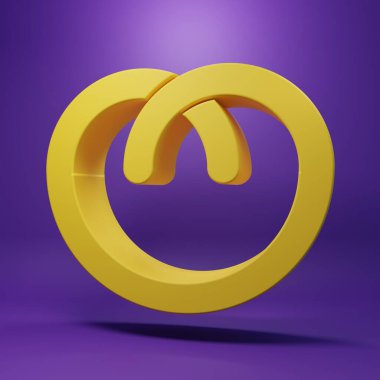 Sarı simit simgesi mor arkaplanda izole edildi. Alman konforlu yemek hamur işi. Oktoberfest festivali. Minimalizm kavramı. 3 Boyutlu resimleme.