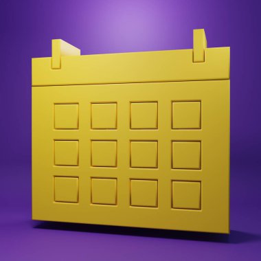 Sarı Takvim simgesi mor arkaplanda izole edildi. Olay hatırlatma sembolü. Minimalizm kavramı. 3 Boyutlu resimleme.