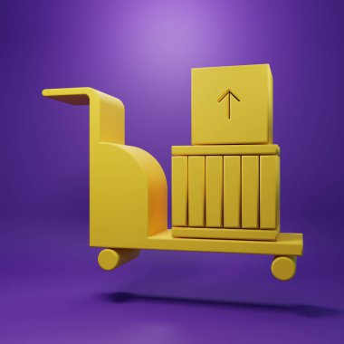Yellow Electric hand truck and boxes icon isolated on purple background. Dolly symbol. Minimalism concept. 3D render illustration.
