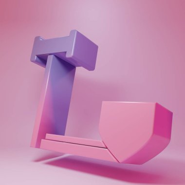 Purple-pink Judge gavel with shield icon isolated on pink background. Insurance concept. Security, safety, protection, protect concept. Minimalism concept. 3D render illustration.
