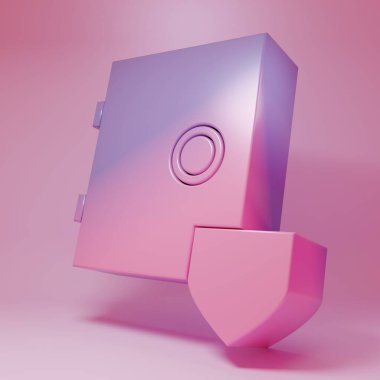 Purple-pink Safe with shield icon isolated on pink background. Insurance concept. Security, safety, protection, protect concept. Minimalism concept. 3D render illustration.