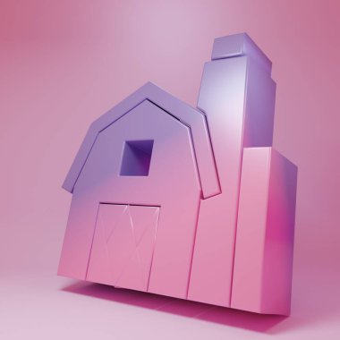 Purple-pink Farm House concept icon isolated on pink background. Rustic farm landscape. Minimalism concept. 3D render illustration.